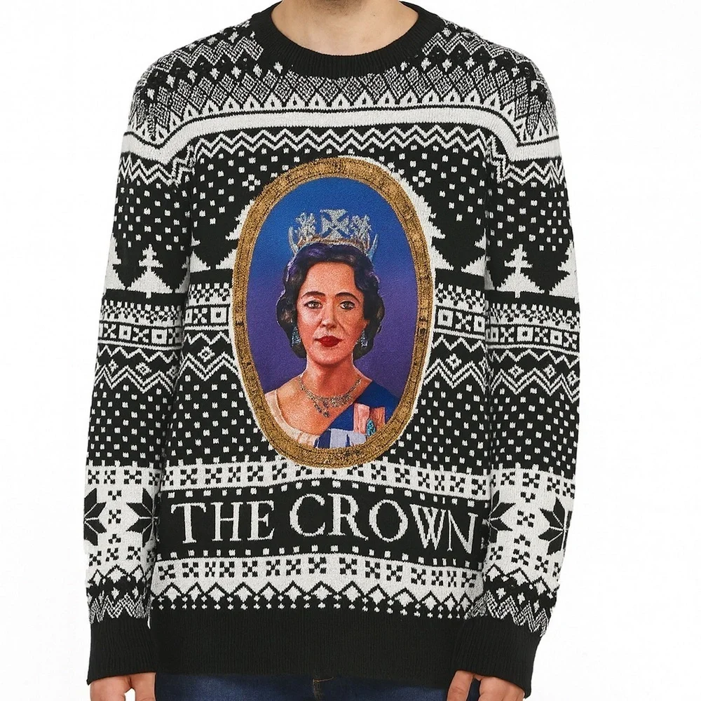 Netflix The Crown Ugly Christmas Sweater Black White Holiday Rare Size Medium
